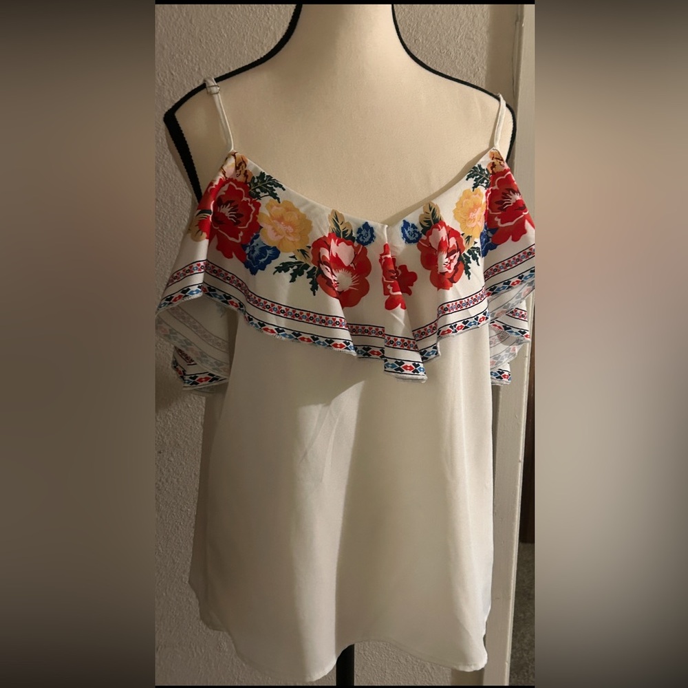 Floral Off-Shoulder Top - White with Red and Blue Flowers New with Tag